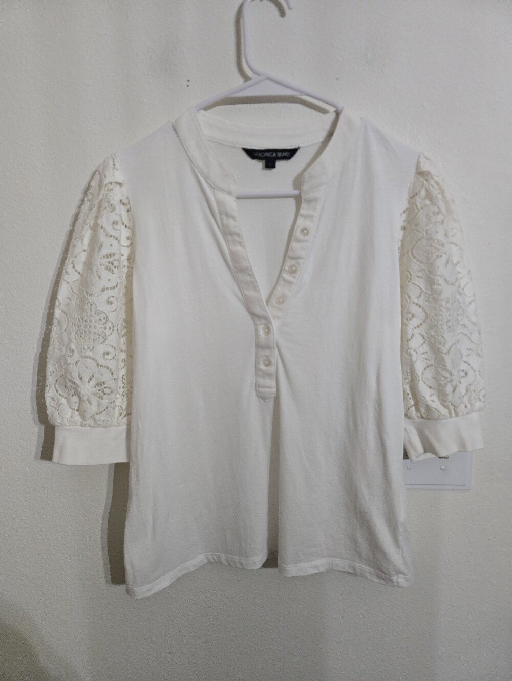 Veronica Beard Ivory Lace-Puff Henley Top